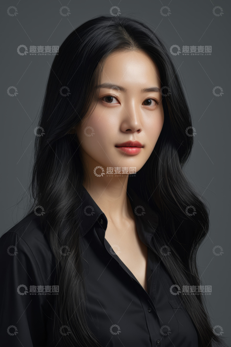 高清大图下载【趣麦麦图】长发女子黑色衬衫肖像