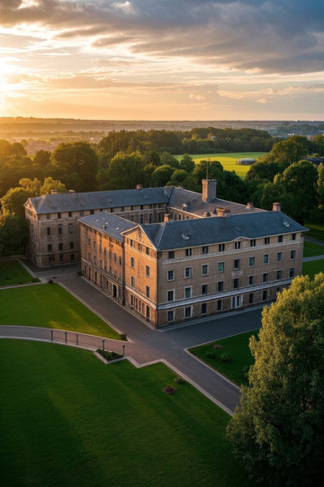 黄昏航拍欧式建筑与绿地景观