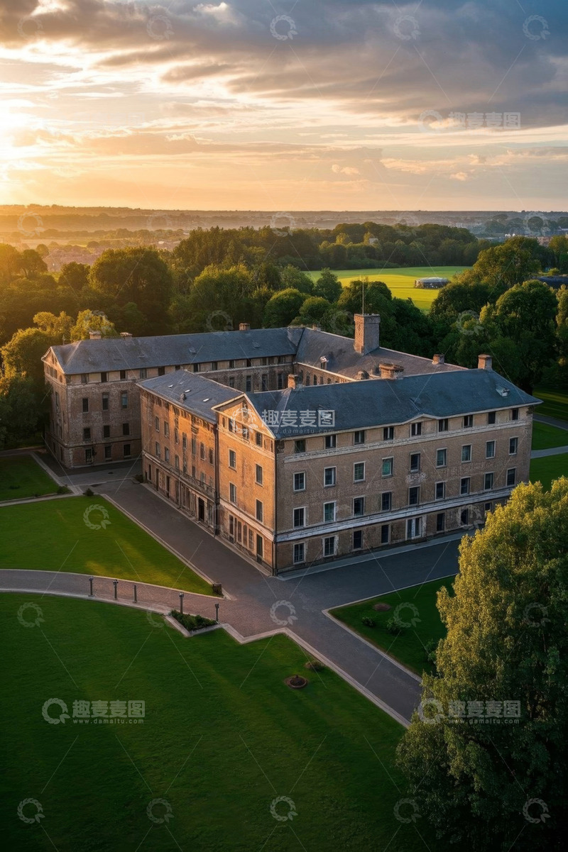 高清大图下载【趣麦麦图】黄昏航拍欧式建筑与绿地景观