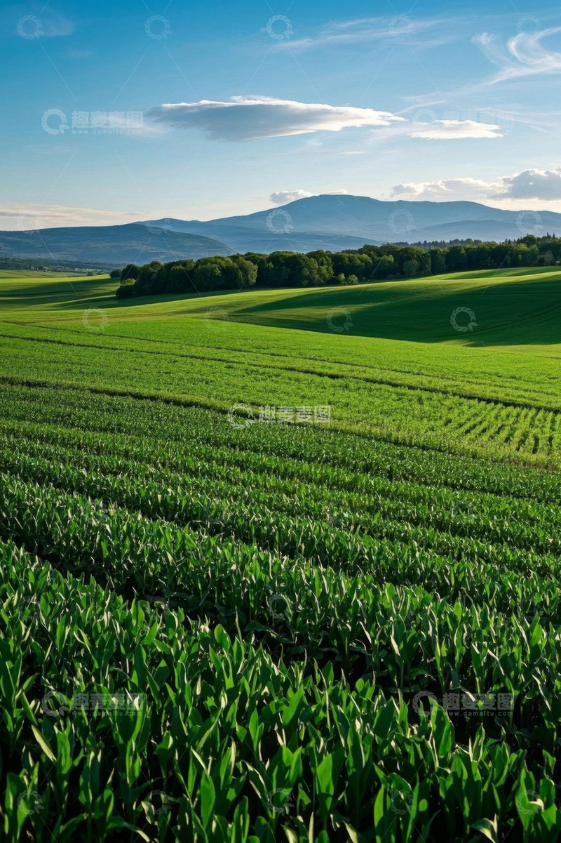 高清大图下载【趣麦麦图】绿色田野与远山自然景观