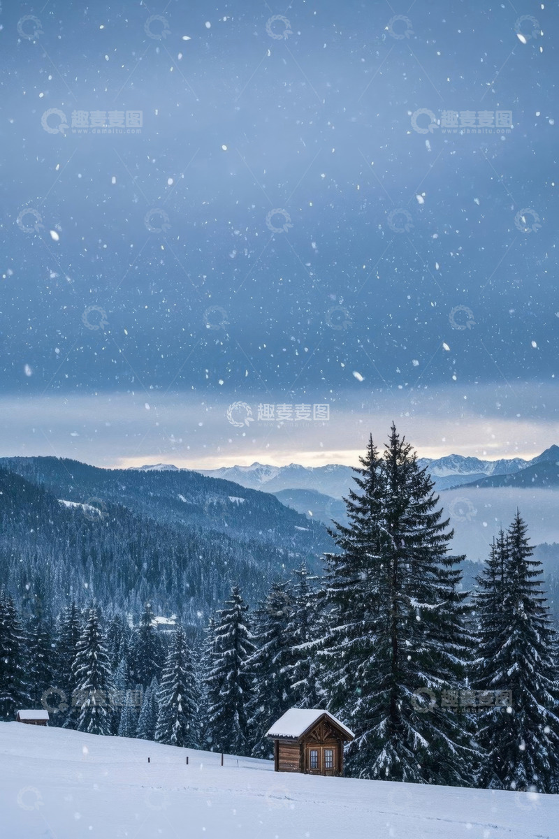 高清大图下载【趣麦麦图】雪中山林与木屋景观