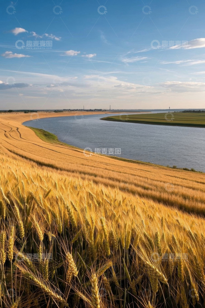 高清大图下载【趣麦麦图】麦田河流自然风光全景