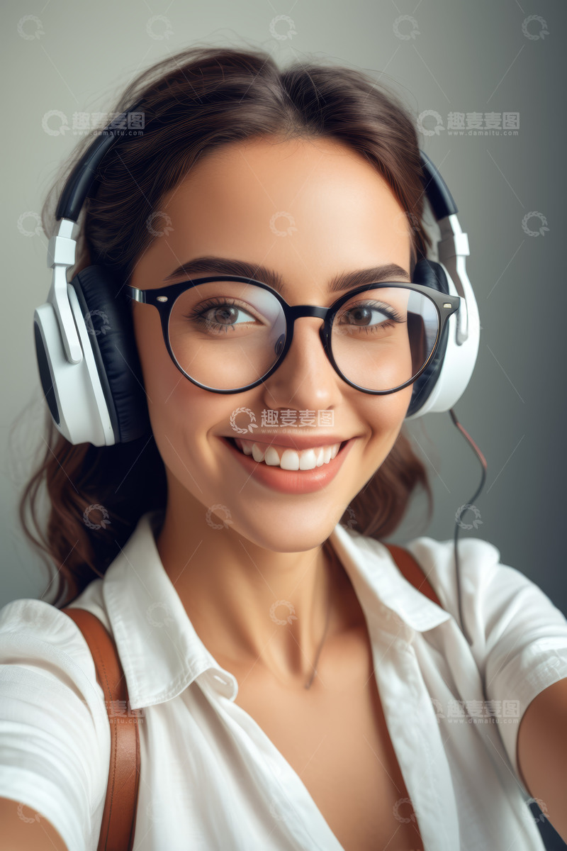 高清大图下载【趣麦麦图】戴耳机微笑的年轻女性