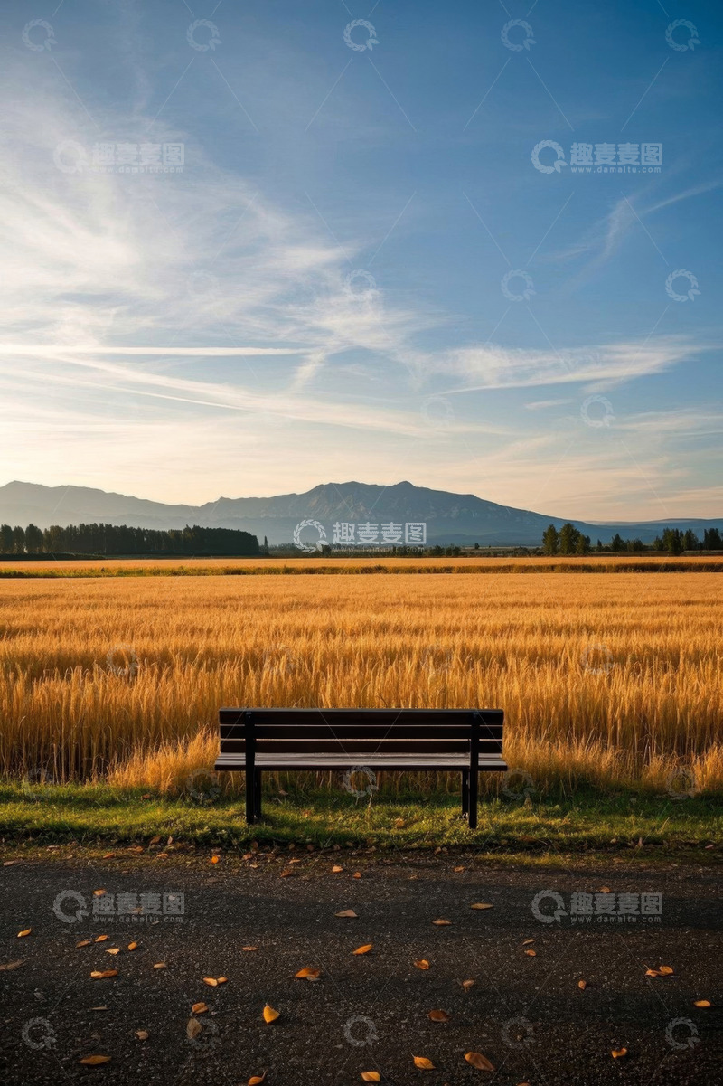 高清大图下载【趣麦麦图】田野边长椅与金黄麦田风景