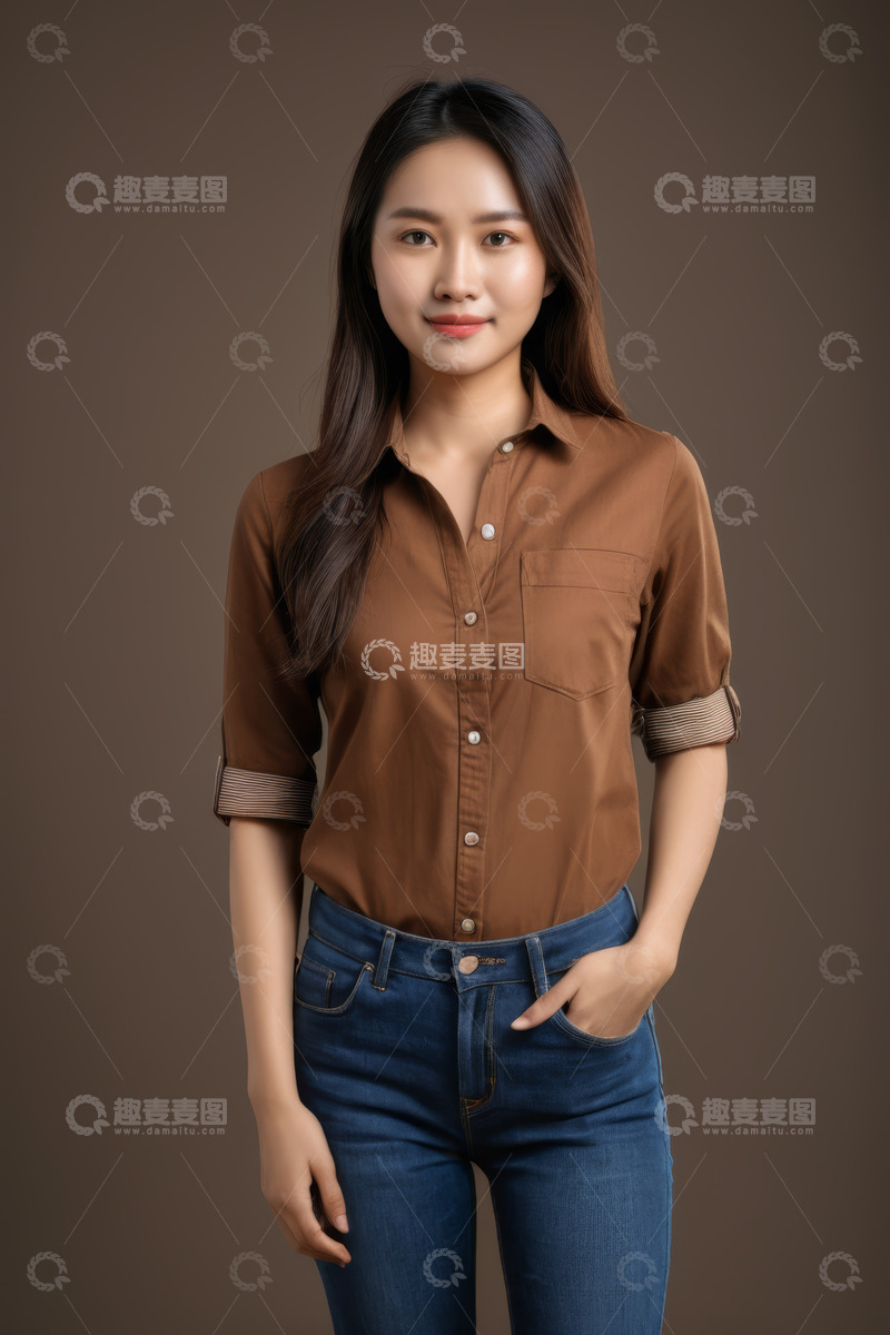 高清大图下载【趣麦麦图】身着衬衫牛仔裤的女性肖像