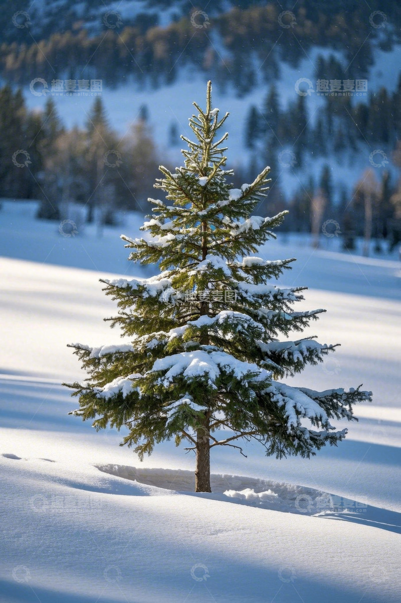 高清大图下载【趣麦麦图】雪地中的挺拔松树