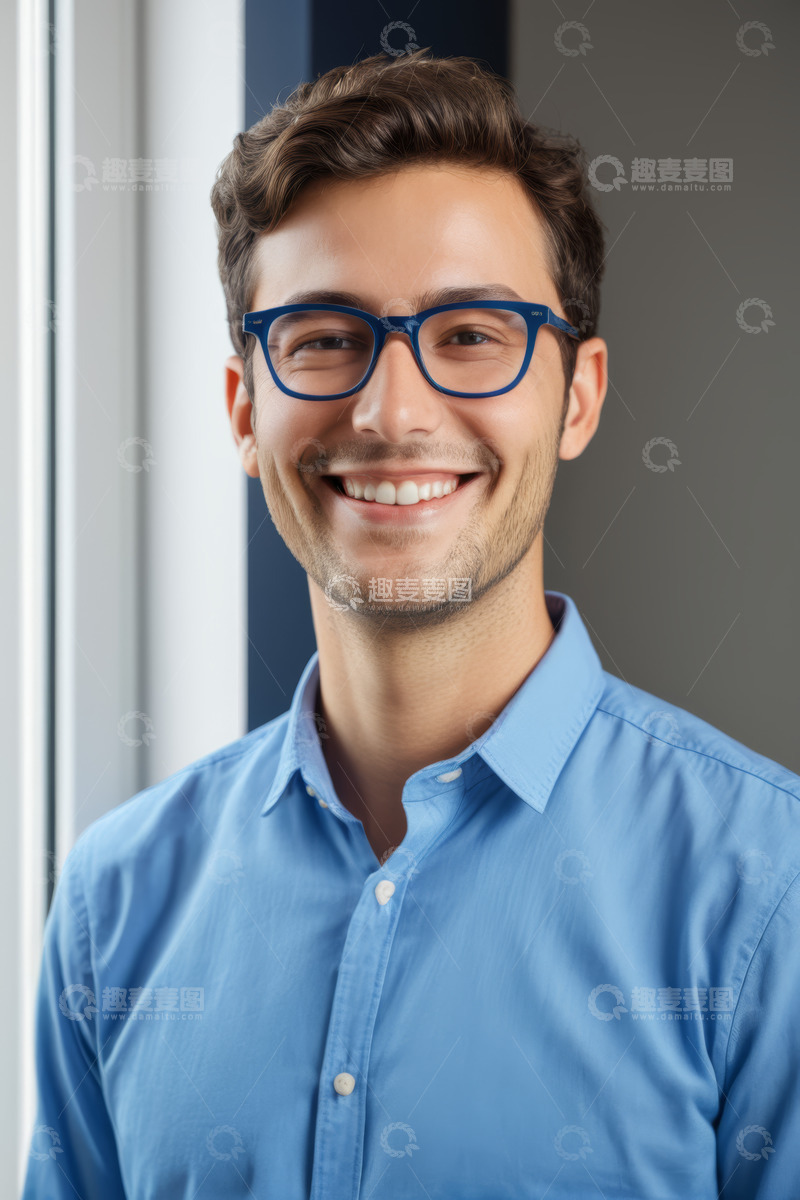 高清大图下载【趣麦麦图】穿蓝衬衫微笑男士肖像