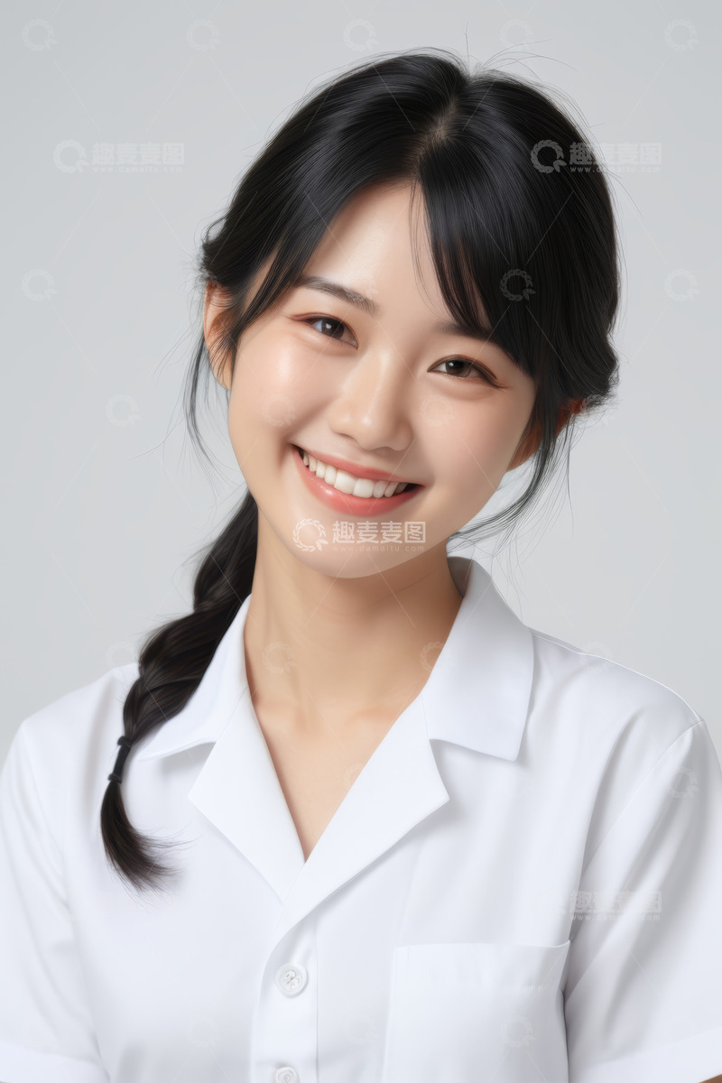 高清大图下载【趣麦麦图】穿白衬衫微笑的年轻女性