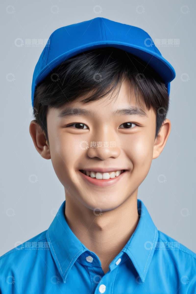 高清大图下载【趣麦麦图】戴蓝帽穿蓝衬衫的男孩肖像