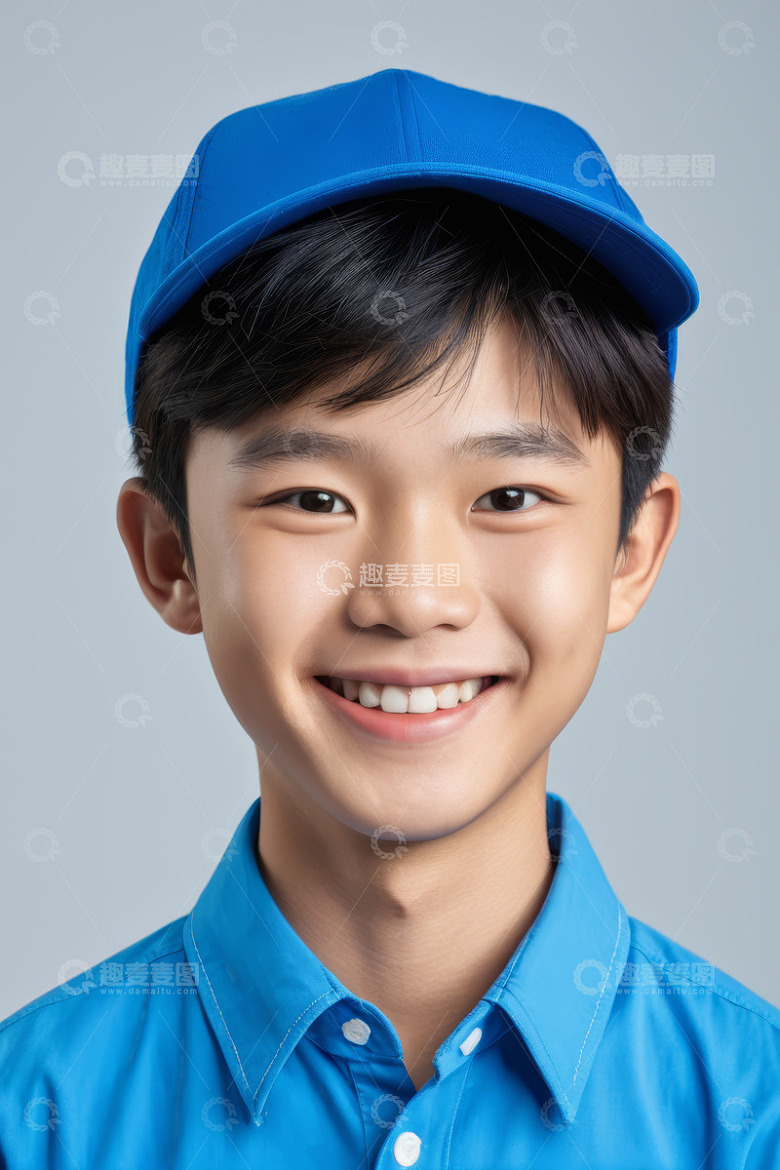 戴蓝帽穿蓝衬衫的男孩肖像