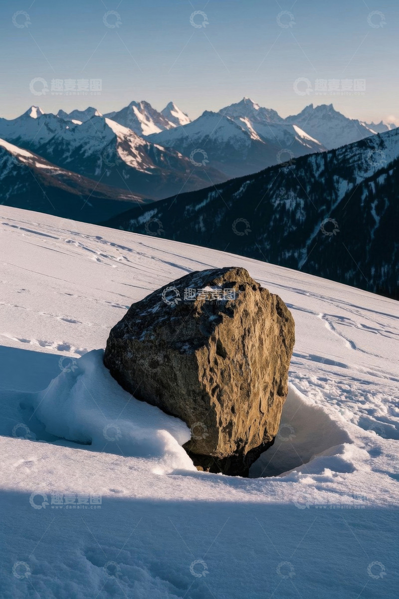高清大图下载【趣麦麦图】雪中山坡上的孤石景观