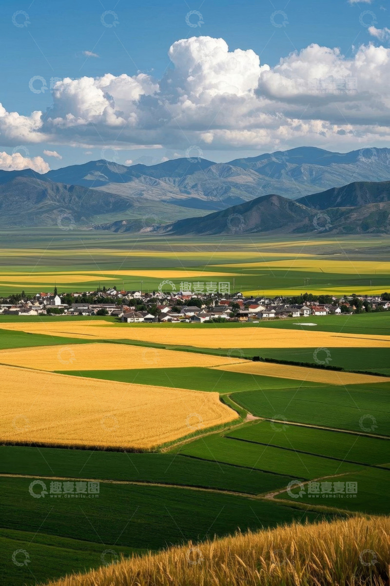 高清大图下载【趣麦麦图】田野村庄与远山自然风光