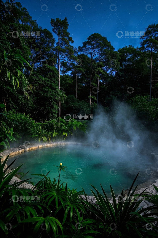 森林中带蒸汽的温泉景观