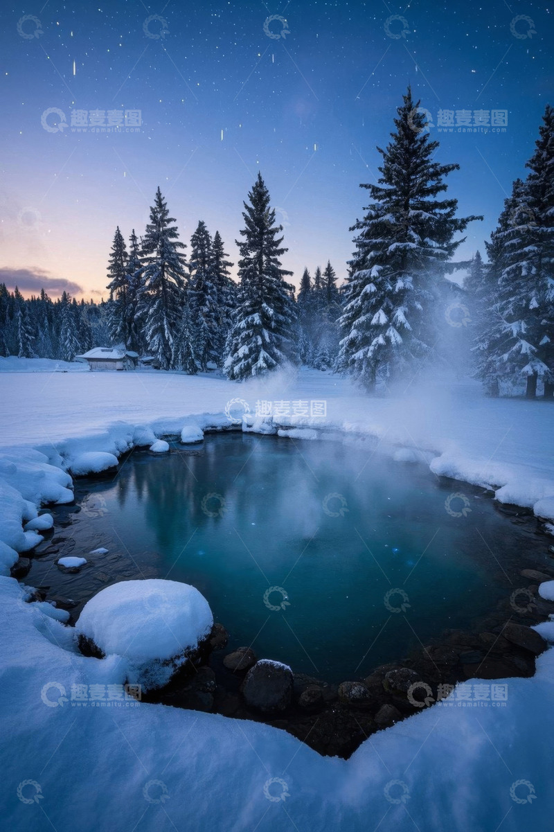 高清大图下载【趣麦麦图】雪夜森林中的温泉池景观