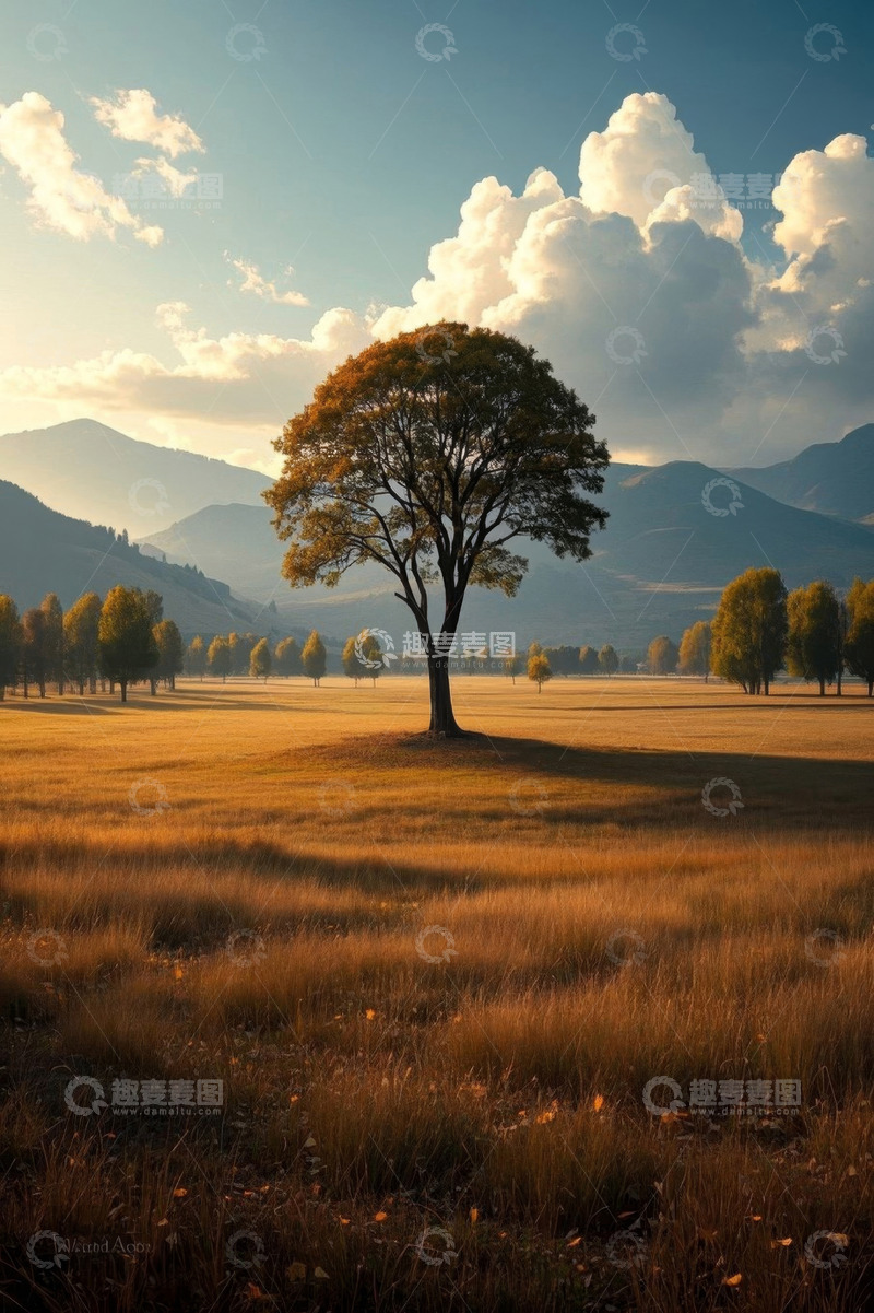 高清大图下载【趣麦麦图】原野中孤独的树木与远山风景