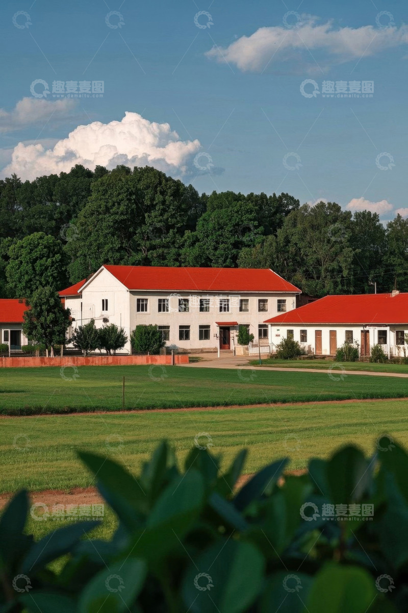 高清大图下载【趣麦麦图】乡村红顶白房与绿地景观