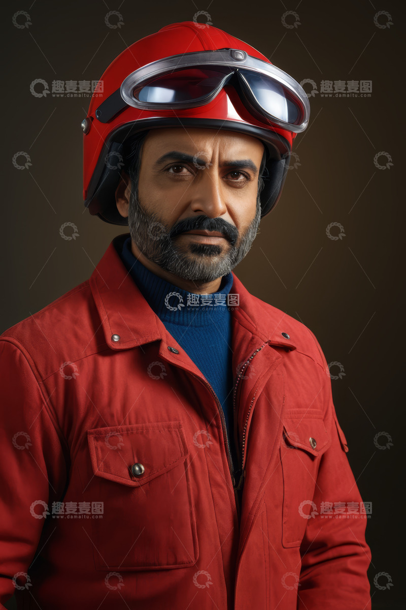 高清大图下载【趣麦麦图】戴红色头盔穿红衣男子肖像