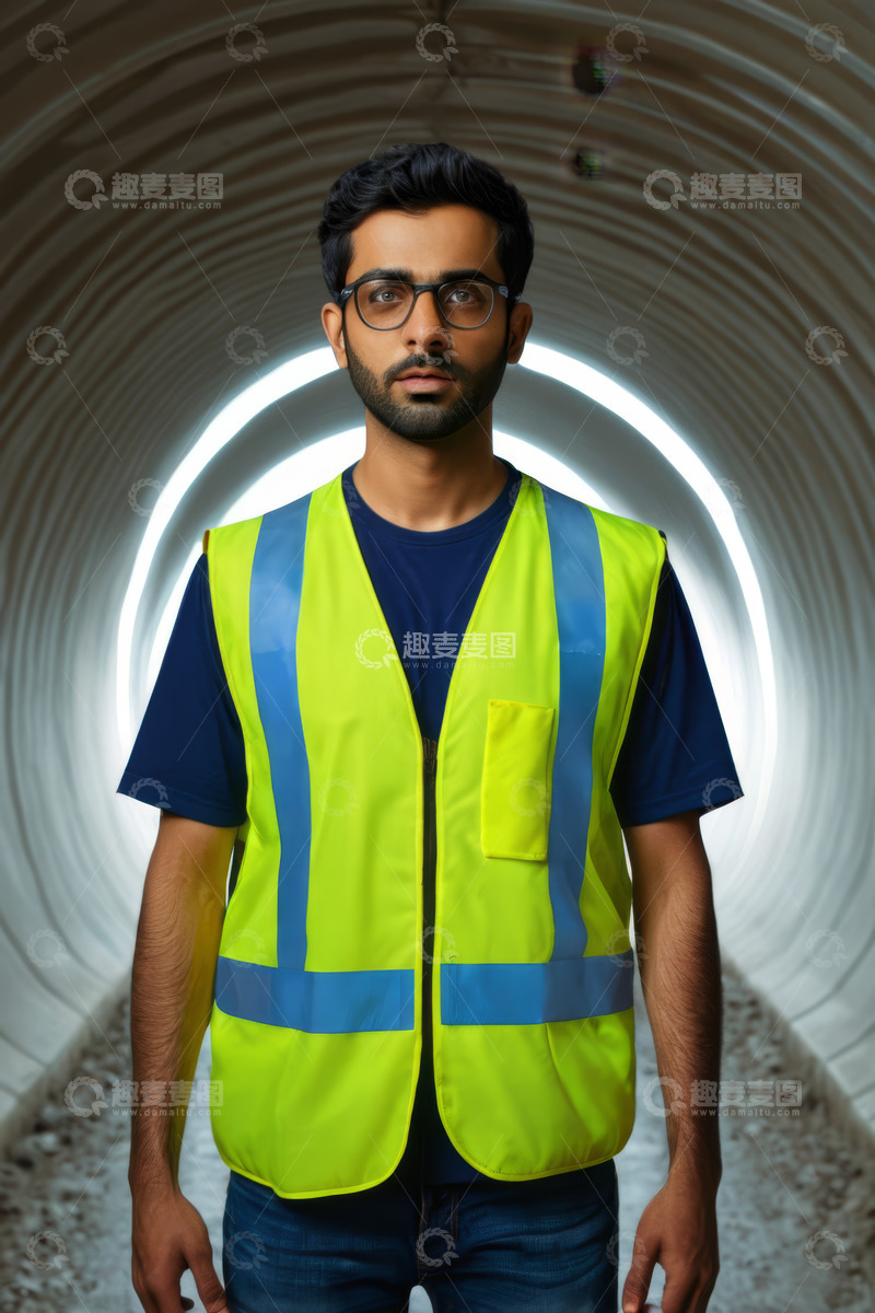 高清大图下载【趣麦麦图】穿反光背心男子站在隧道中