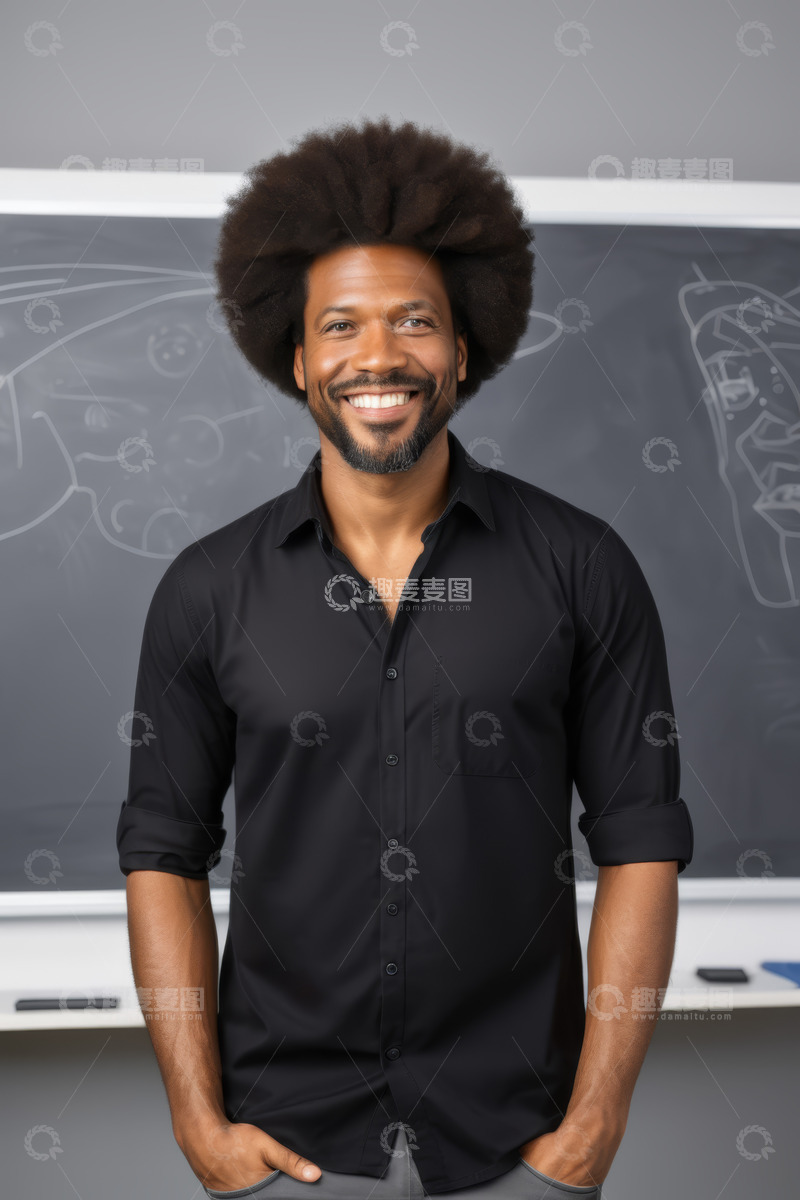 高清大图下载【趣麦麦图】微笑黑人男子站在黑板前