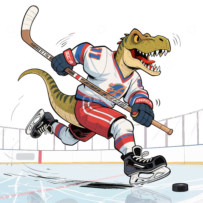 源文件下载【趣麦麦图】冰球恐龙卡通插画体育