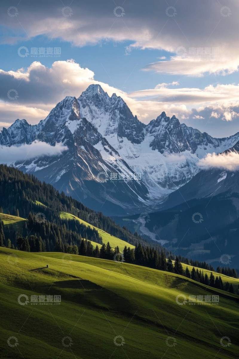 高清大图下载【趣麦麦图】雪山下的绿色山坡风景