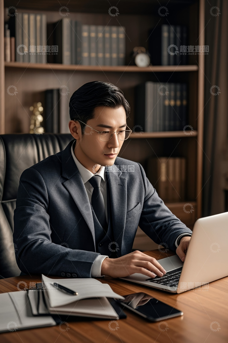 高清大图下载【趣麦麦图】西装男士办公桌前使用笔记本电脑