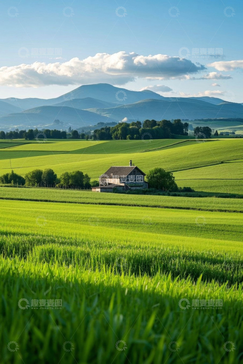 高清大图下载【趣麦麦图】田野间的小屋与远山风景
