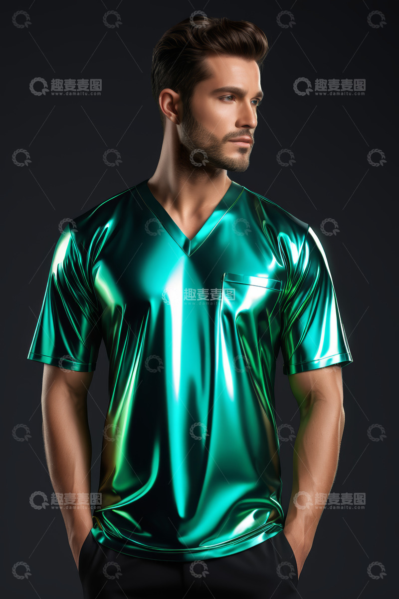 高清大图下载【趣麦麦图】身着绿色V领短袖的男士