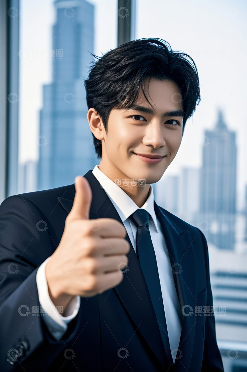 高清大图下载【趣麦麦图】西装青年室内竖大拇指