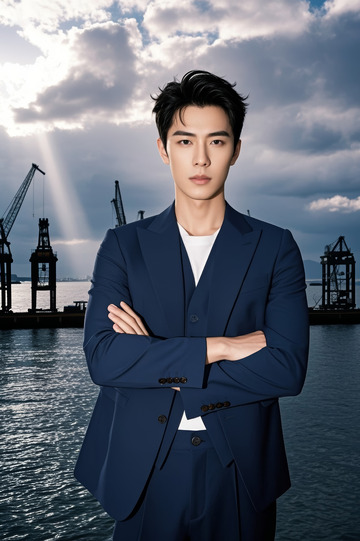 港口背景下身着西装的男士