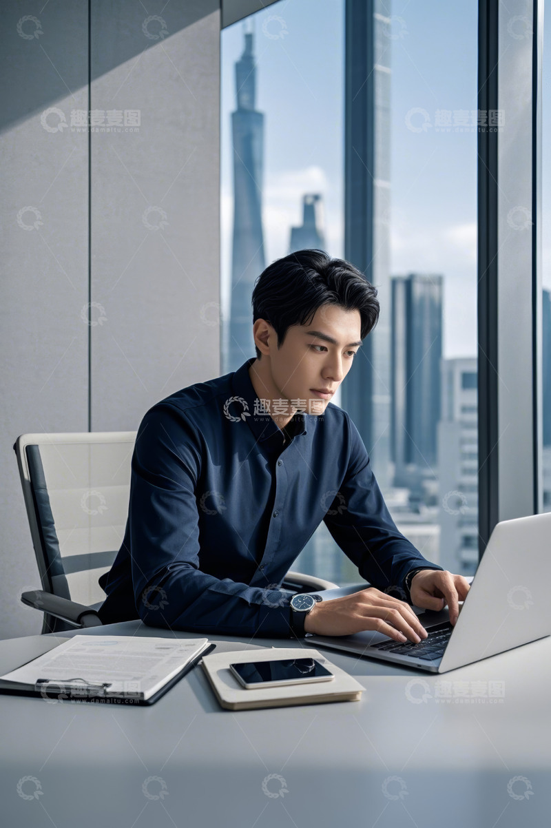 高清大图下载【趣麦麦图】办公室内男士专注使用笔记本电脑