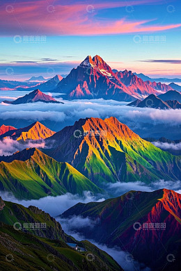 壮丽云海环绕的多彩山峦景观