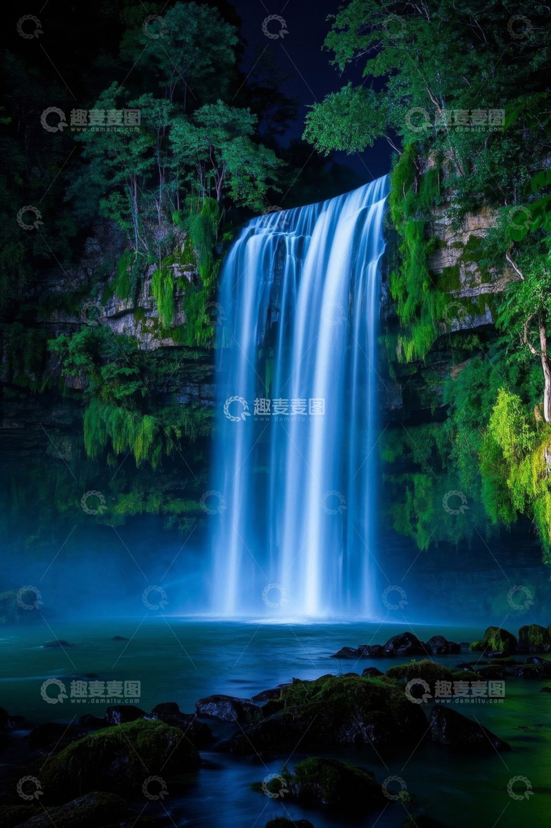 高清大图下载【趣麦麦图】森林中的瀑布自然景观