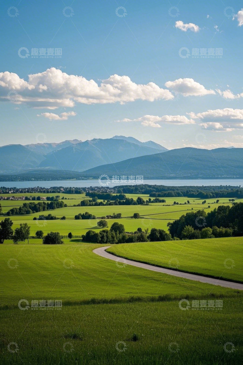 高清大图下载【趣麦麦图】绿色原野与远山的自然景观