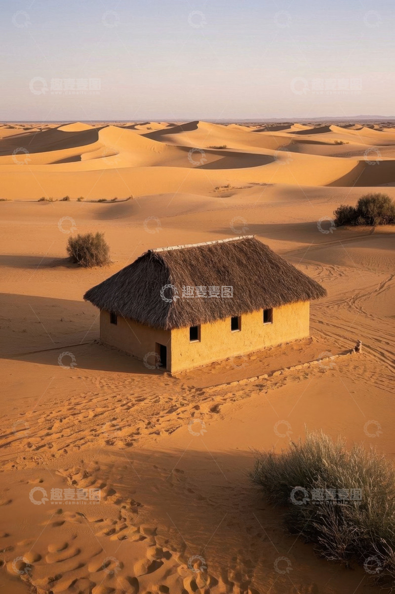 高清大图下载【趣麦麦图】沙漠中的茅草屋