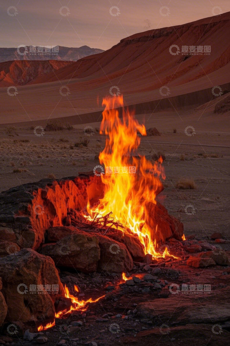 高清大图下载【趣麦麦图】沙漠中燃烧的篝火景观