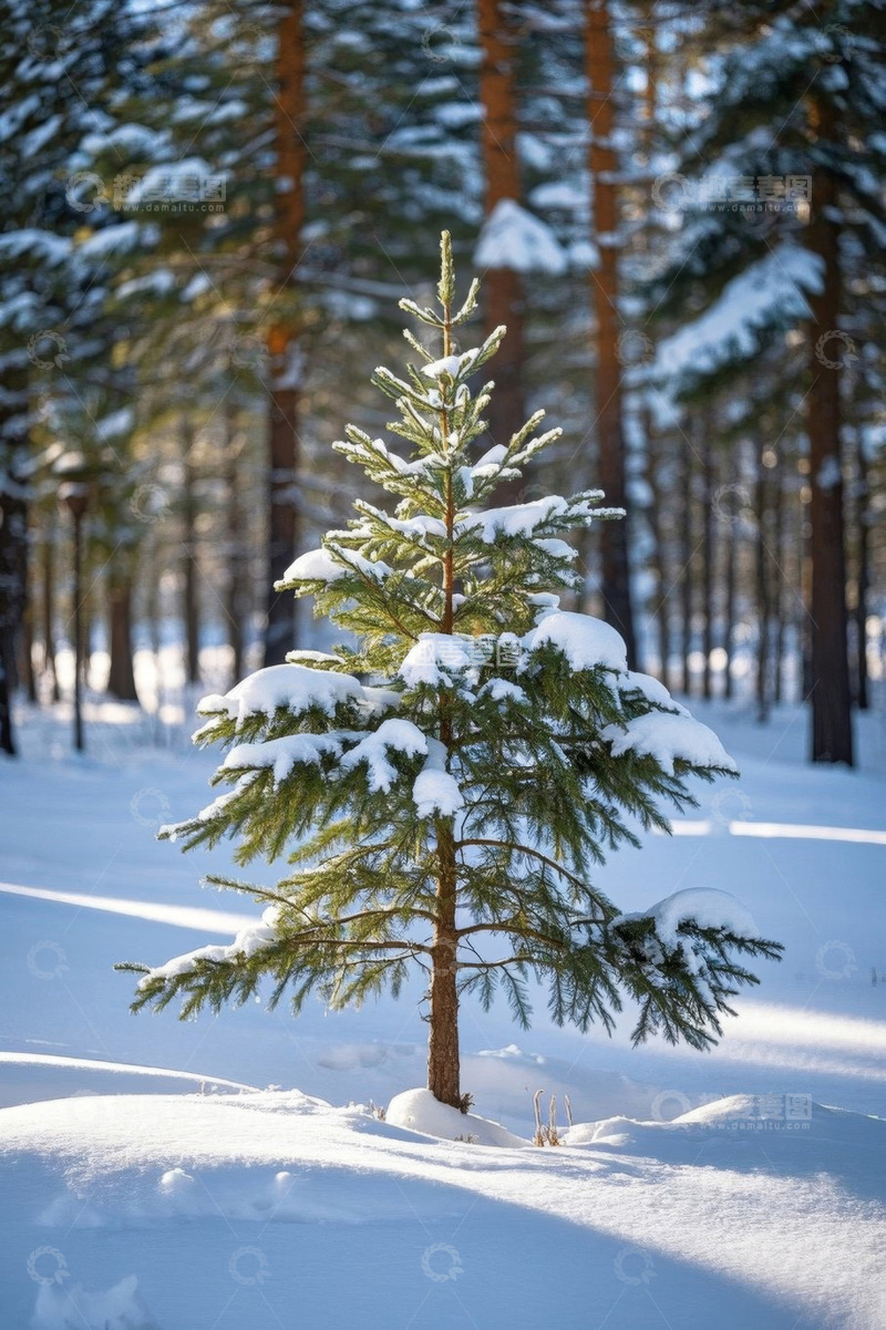 高清大图下载【趣麦麦图】雪覆盖的森林中小松树