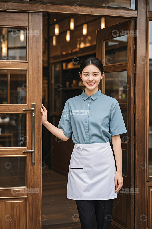 女服务员站在店门口微笑迎宾