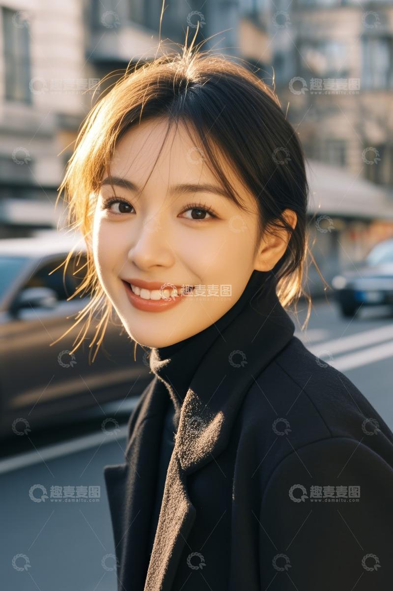 高清大图下载【趣麦麦图】街道上微笑的年轻女性