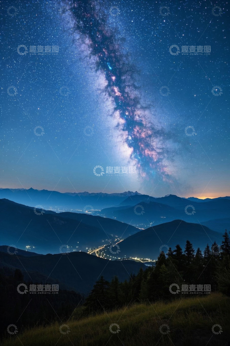 高清大图下载【趣麦麦图】山间夜空下的璀璨银河景象