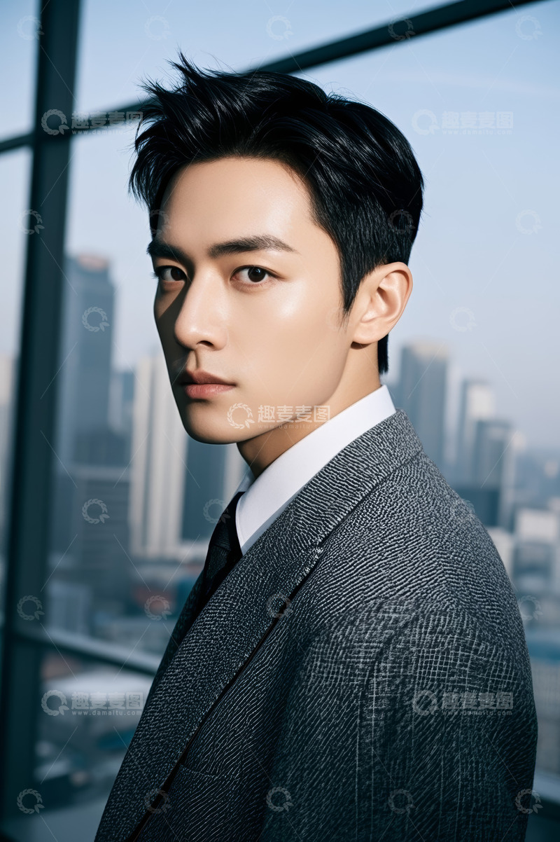 高清大图下载【趣麦麦图】身着西装男士的城市窗边肖像