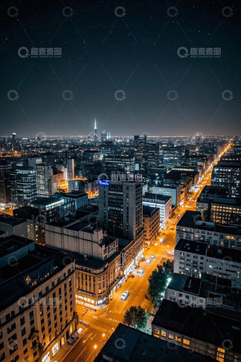 高清大图下载【趣麦麦图】夜晚城市街道高楼俯瞰景象