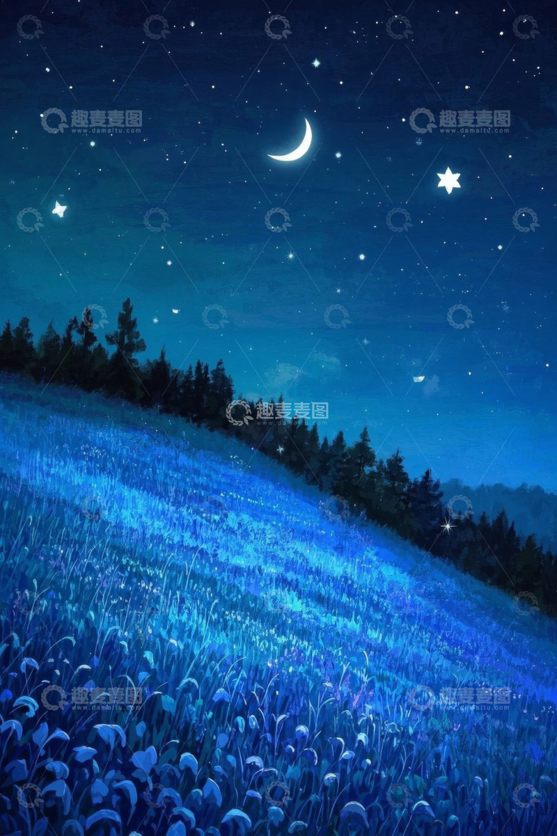 高清大图下载【趣麦麦图】月夜下的草地与树林景观