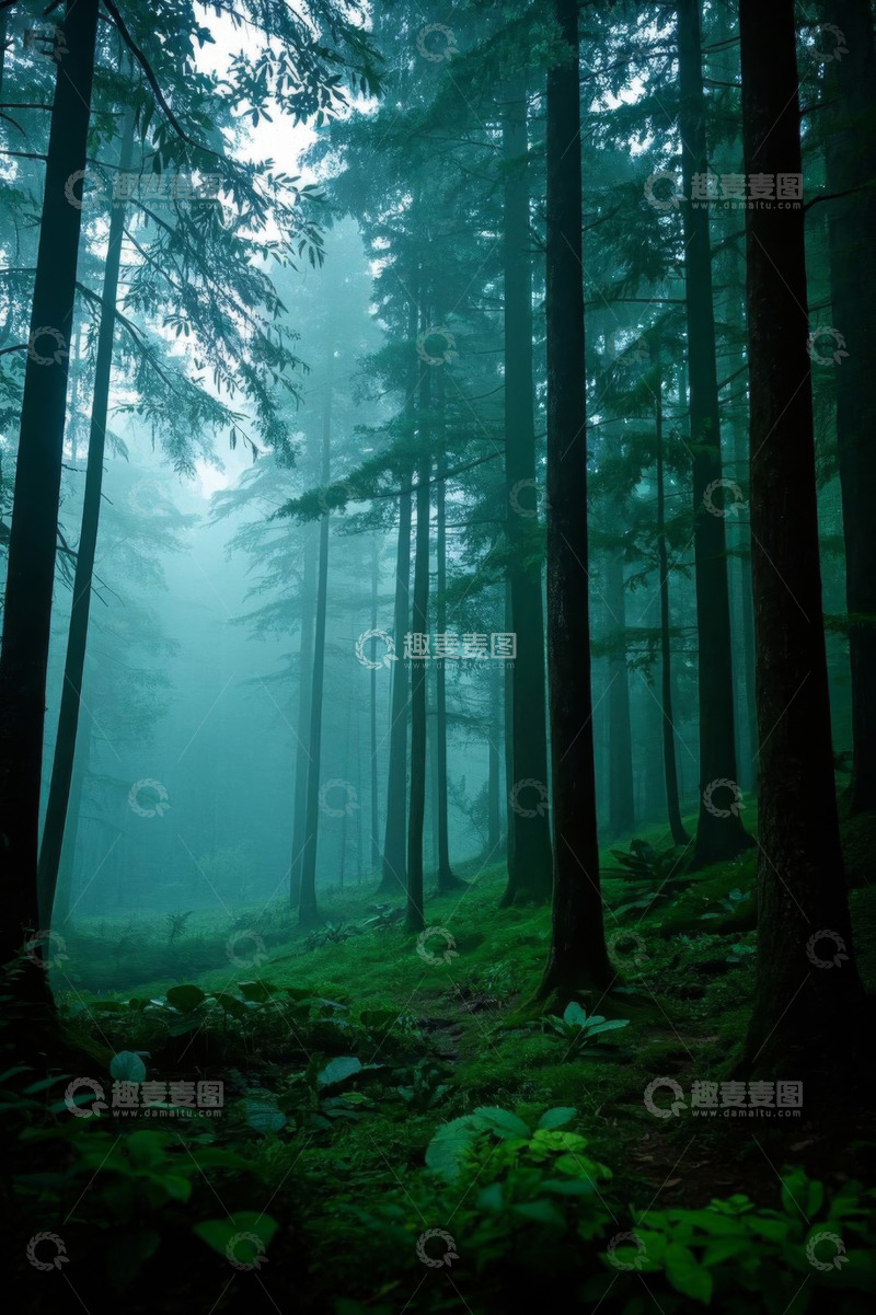 高清大图下载【趣麦麦图】迷雾笼罩的茂密森林景象