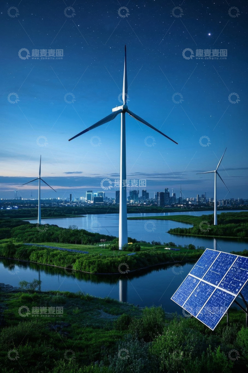 高清大图下载【趣麦麦图】城郊风力与太阳能发电场景