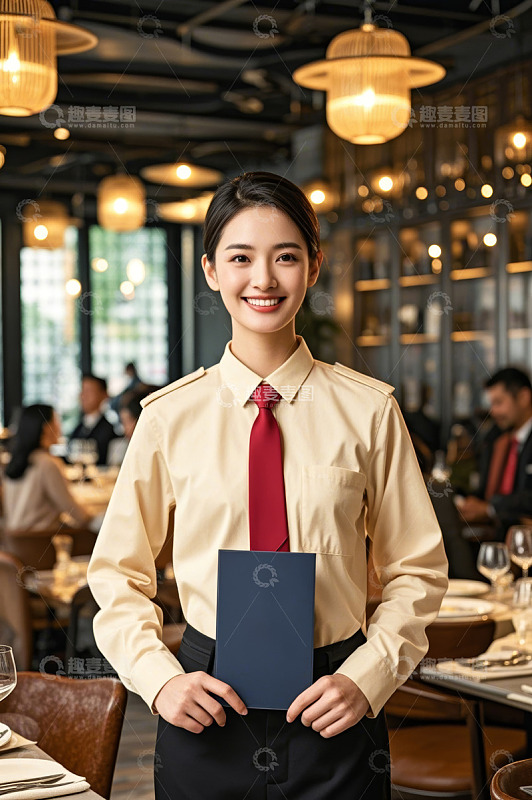 餐厅女服务员手持菜单微笑待客