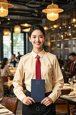 餐厅女服务员手持菜单微笑待客