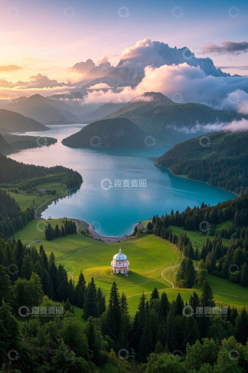 高清大图下载【趣麦麦图】山间湖泊与草地建筑风光