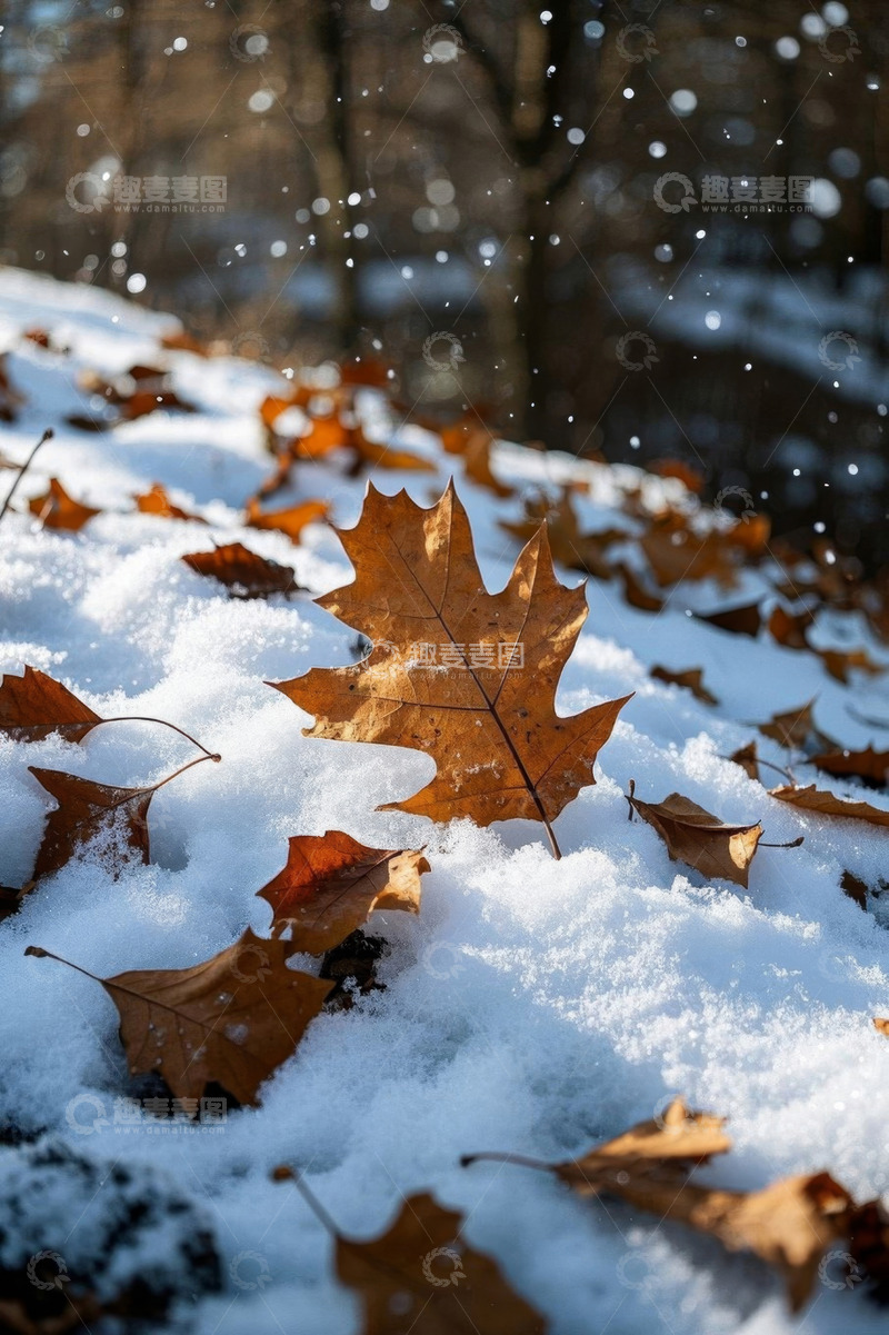 高清大图下载【趣麦麦图】雪地上的落叶自然景象