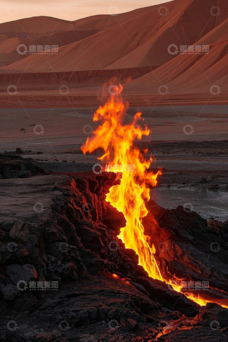 高清大图下载【趣麦麦图】沙漠中火山熔岩流淌景象